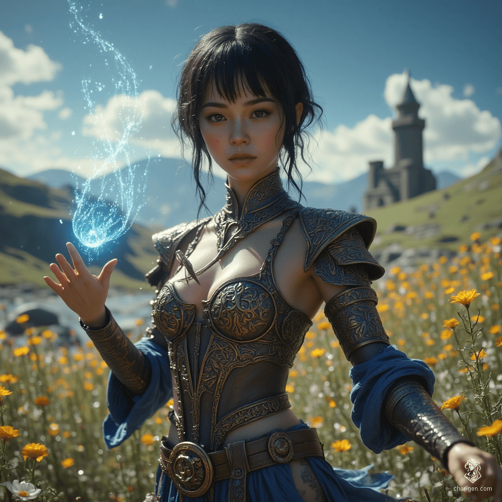 Jouli is a striking investigator mage of East Asian ancestry, standing 5'4" with a lithe frame and vibrant, glowing blue eyes. In intricately embossed leather armor, she channels her magic while tracing a large rune, her pale skin shimmering in the sunlight as she defends against impending danger. A middle-aged beauty, she expertly balances her roles as a protector and librarian among ancient texts.