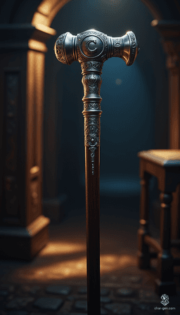 This custom-crafted walking cane, 32 inches of polished ebony, boasts a lustrous silver finial shaped like a hammer, symbolizing strength. Intricately engraved with a stylized capital "C," it grants the bearer the wisdom of ancient scholars, revealing hidden knowledge with each step.