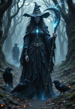 Branwen Umbra, a 230-year-old transformed human, appears as a slender, youthful sorcerer-cleric with shimmering alabaster skin, swirling silver-black pupilless eyes, and writhing onyx hair. Clad in ornate black robes and a wizard’s hat, she wields a scythe and commands ravens, embodying ancient arcane and divine power.