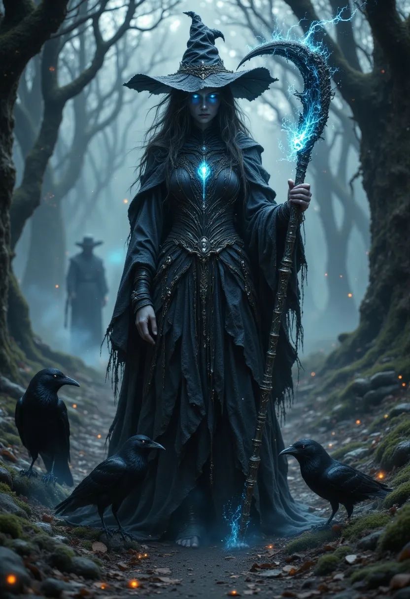 Branwen Umbra, a 230-year-old transformed human, appears as a slender, youthful sorcerer-cleric with shimmering alabaster skin, swirling silver-black pupilless eyes, and writhing onyx hair. Clad in ornate black robes and a wizard’s hat, she wields a scythe and commands ravens, embodying ancient arcane and divine power.