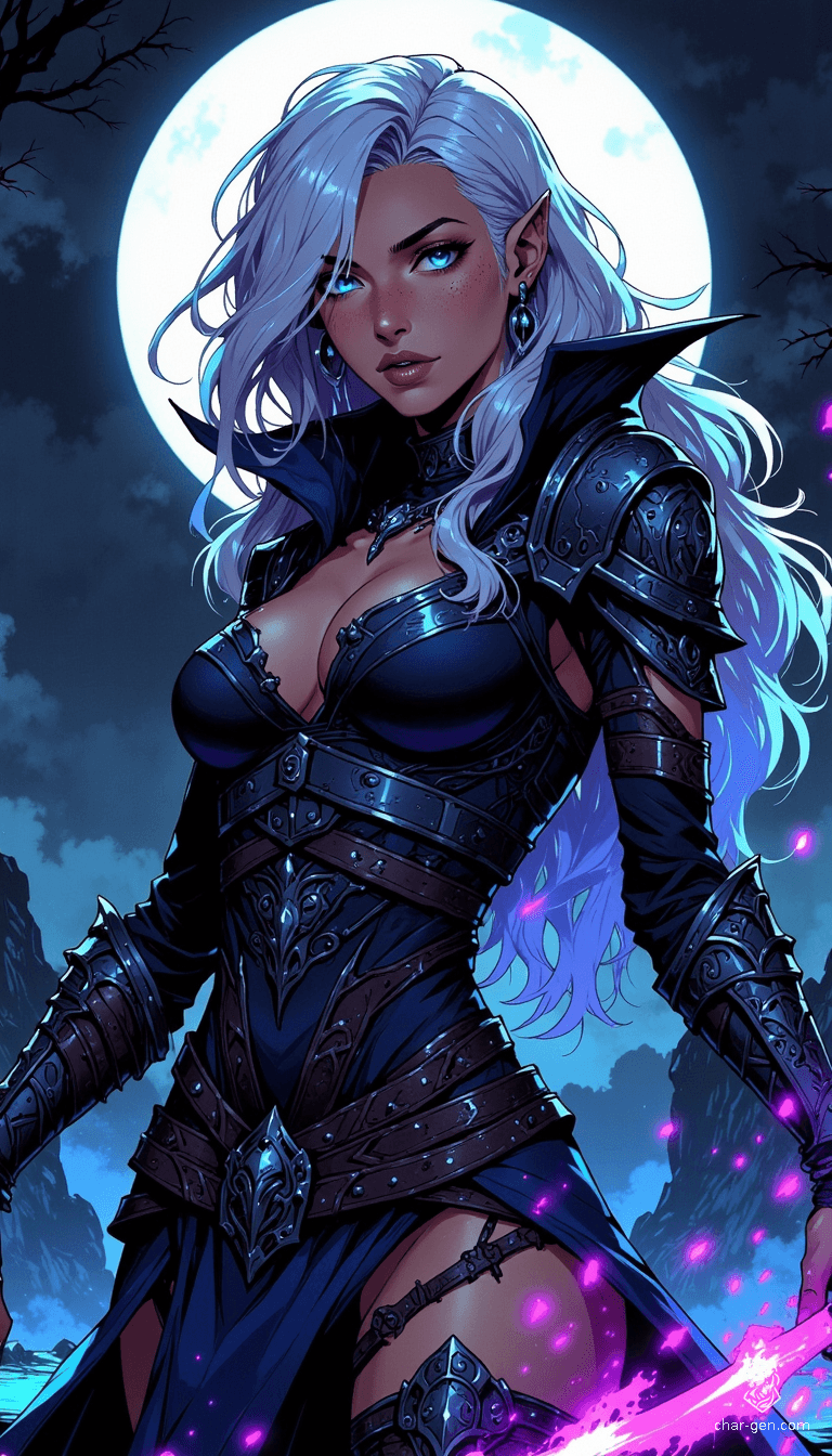 A striking female rogue embodies allure and danger, clad in skin-tight shadow armor that accentuates her curvaceous figure. Her silver hair glimmers against the darkness, while piercing blue eyes radiate with mystery. Wisps of shadow swirl around her, making her a captivating vision of the night.
