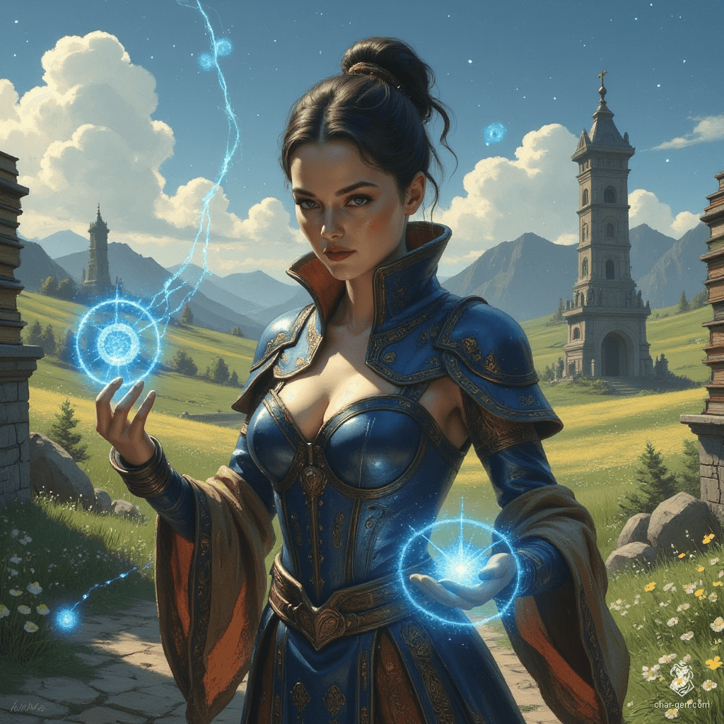 Jouli, a striking middle-aged investigator mage of East Asian descent, stands poised in intricately embossed leather armor. Her pale skin gleams in sunlight as she conjures a glowing blue rune. With a pixie cut and bright, concerned eyes, she balances her roles as a fierce protector and devoted librarian amid ancient tomes.