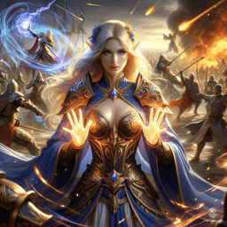 A dignified female elf paladin with fair skin and long flowing blonde hair, clad in gold-trimmed armor and a royal blue cloak. Blue eyes focused, she prepares to cast Mass Cure Wounds, radiating a protective aura.