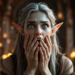 A porcelain-skinned elf stands in shock, mouth agape and hand covering their face, revealed in stunning 8K HDR detail. Intricately adorned with jewelry, their flowing hair frames pointed ears amidst a blurred grand library background, capturing a profound moment of revelation and emotion.
