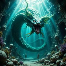 This colossal aboleth, with translucent cyan veiny skin and menacing spikes atop its head, commands the dark underwater realm. Its gaping mouth and fierce eyes exude power, surrounded by the remnants of its violent past. Bubbles drift in a ghastly ambiance, highlighting its ancient, serpentine form.
