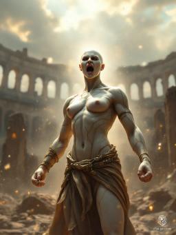 In a stunning display of strength and elegance, this middle-aged female barbarian stands as a living marble statue. Her muscular form, entirely marble with shimmering gold seams, captures a fierce essence as she screams in defiance. Hairless and bold, she embodies raw power and beauty, illuminated by dynamic lighting.