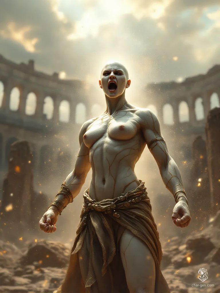 In a stunning display of strength and elegance, this middle-aged female barbarian stands as a living marble statue. Her muscular form, entirely marble with shimmering gold seams, captures a fierce essence as she screams in defiance. Hairless and bold, she embodies raw power and beauty, illuminated by dynamic lighting.