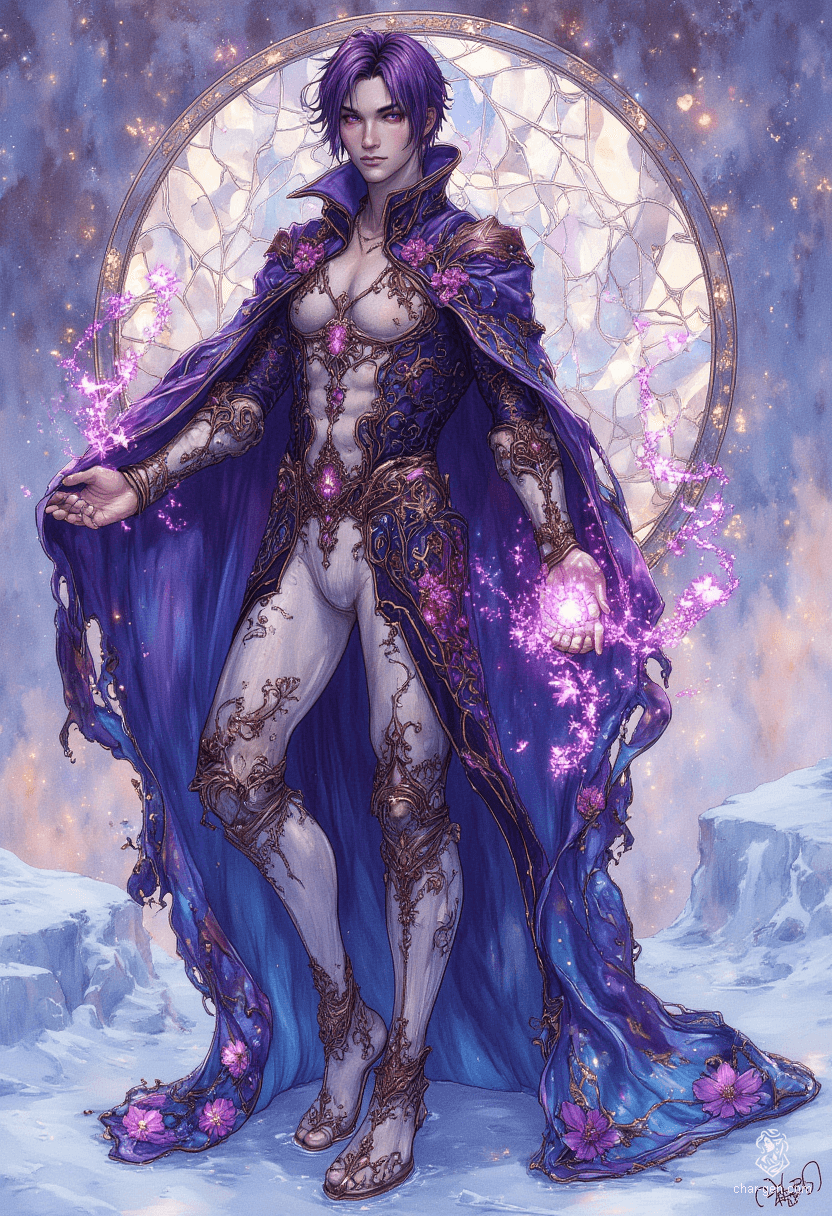 In a stunning art nouveau panorama, a slender male figure stands in an icy field, draped in an elaborate dark blue robe. His glowing violet eyes and dark purple hair dance in the wind, as he conjures magic from his hands, embodying the harmony of nature and mystique.
