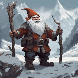 A rugged, dark-skinned deep gnome archer with grey, hairless skin works as a dedicated member of a snow tribe. Male with a freshly shaved head, face, and beard, he wields a bow skillfully, navigating the harsh, snowy terrains effortlessly.