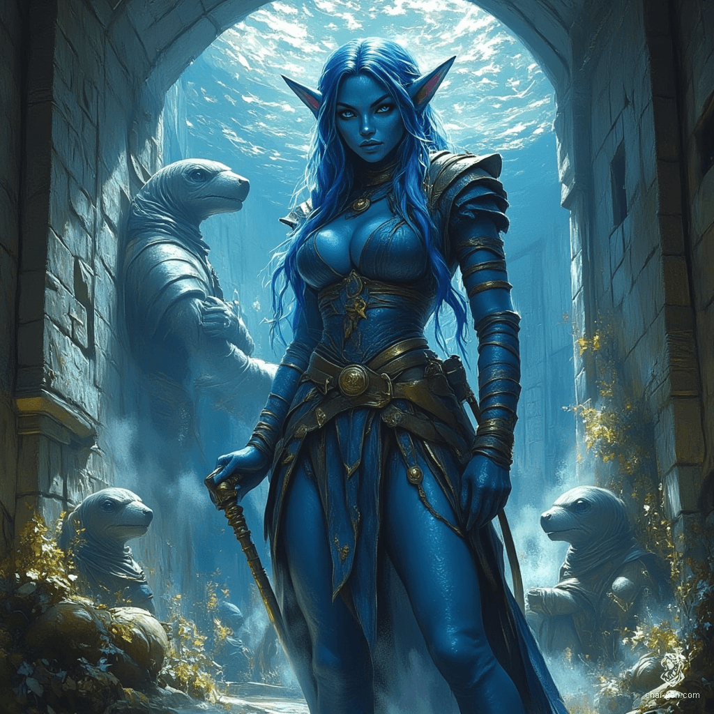 Ehmmalee is a fierce, gorgeous triton ranger, boasting a muscular physique and shimmering copper armor. With long blue hair cascading over her half-aquatic figure, she navigates the seas alongside her loyal sea lion, expertly wielding her keen eye for adventure and survival.