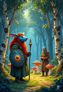 Gerald is a gentle firbolg cleric, standing tall with light blue skin and striking red hair. His serene demeanor is enhanced by his prominent holy symbol and intricately detailed shield. A wise sage, he wields a quarterstaff and embodies a beauty that reflects truth, yet struggles with secrecy.