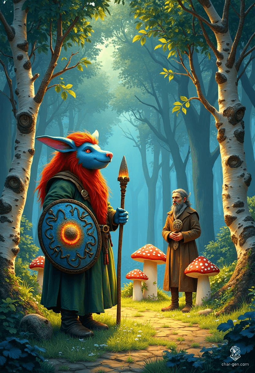 Gerald is a gentle firbolg cleric, standing tall with light blue skin and striking red hair. His serene demeanor is enhanced by his prominent holy symbol and intricately detailed shield. A wise sage, he wields a quarterstaff and embodies a beauty that reflects truth, yet struggles with secrecy.