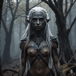 A captivating female dark elf with dark grey skin contrasting sharply against her pure white, long hair. She has purple eyes, a calm expression, and fluid posture, embodying a monk’s serenity. Her toned physique and distinct tan skin texture enhance her striking appearance.
