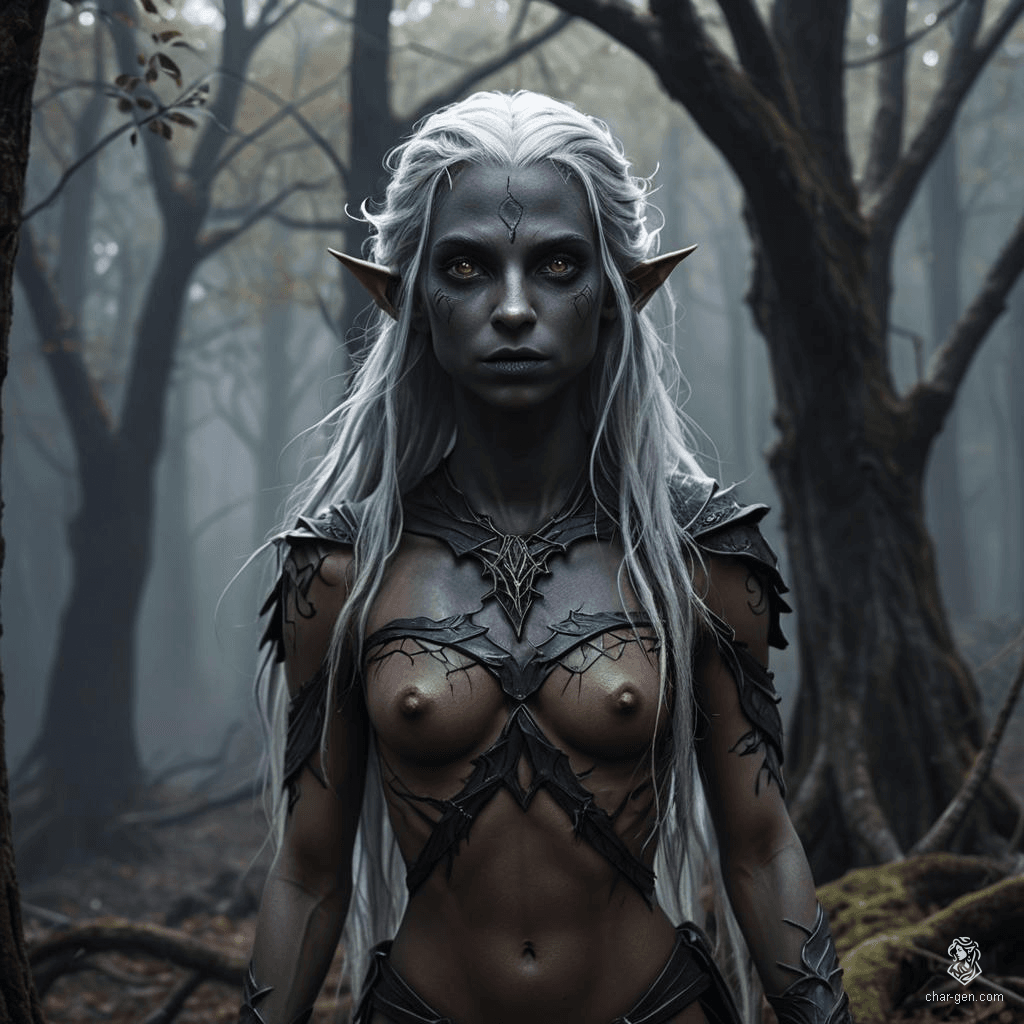 A captivating female dark elf with dark grey skin contrasting sharply against her pure white, long hair. She has purple eyes, a calm expression, and fluid posture, embodying a monk’s serenity. Her toned physique and distinct tan skin texture enhance her striking appearance.