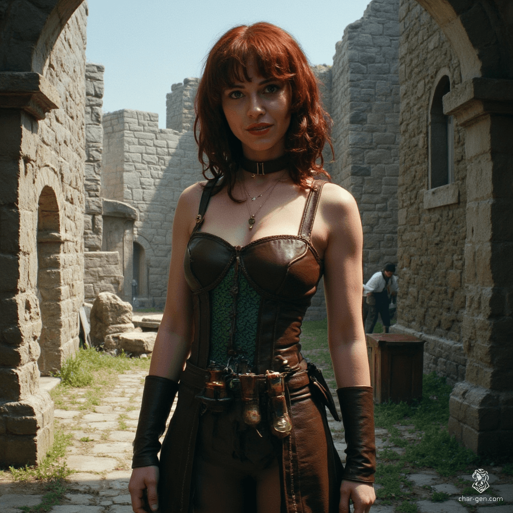 Izzy, the newly emancipated halfling assassin, is a skilled crossbow specialist with an athletic build and pale skin adorned with subtle green scales. Her enchanting yellow-green eyes gleam with cunning, and her mischievous smile conceals a deadly intellect. Dressed in fitted leather armor, she embodies competence and danger, lurking stealthily in the shadows.