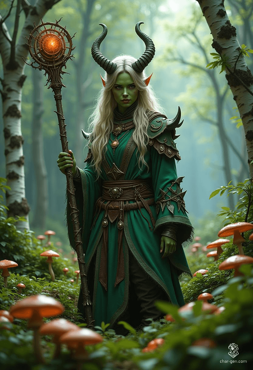 Lilith Valmoira, a tiefling druid with devilish features and vibrant green skin, finds solace in nature amidst her troubled past. Armed with a twig-adorned staff and accompanied by animal friends, she navigates the cursed forests of Barovia, seeking wisdom and belonging.