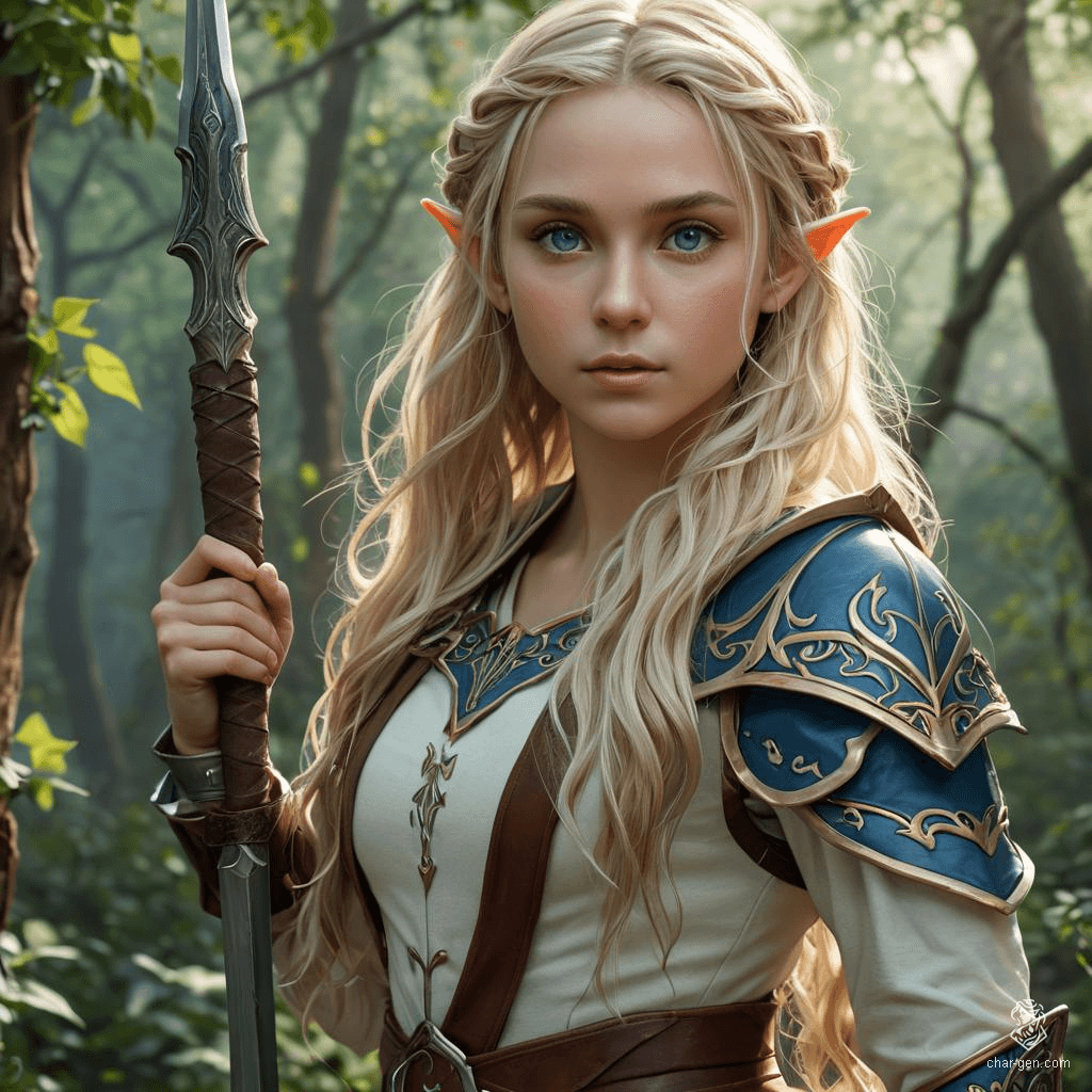 This Fantasy Elf Fighter stands confidently, showcasing an array of weapons. Their fair skin contrasts sharply with long, wavy blonde hair and piercing blue eyes, forming an arresting and formidable presence on the battlefield.