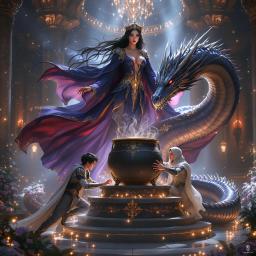 In a grand, shattered ballroom, nobles stand entranced by a cauldron shrouded in dark vapors, encircled by a slumbering dragon. Beside it, a regal, ethereal queen hovers, draped in dark blue and violet robes, her mystical crown and aura commanding. Nearby, a determined young warrior in armor clutches a quarterstaff, poised against the looming enchantment.