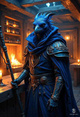 Krackle Brightbeak is a 20-year-old kenku sorcerer with a striking blue skin and raven-like features. Standing at 3'9", he embodies charm and cunning, wielding a quarterstaff and donning an intricately shifting cloak. His aura crackles with unpredictable magic, making him a skilled criminal and spy.