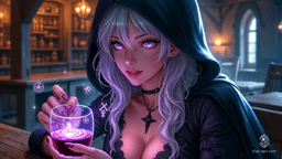 A lithe and strikingly beautiful female elf with gleaming metallic silver-gray hair and glowing violet eyes peers out from beneath her hood. As a powerful wizard, she traces arcane sigils in the air, her smirk oozing power and sensuality. Enchanted garments and a magical tome or staff complete her captivating presence.