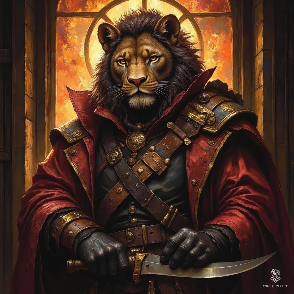 Captain K'Tura, an imposing anthropomorphic lion, commands the 'Vengeance of K'Tura' with fierce authority. Clad in battle-scarred Aslan armor, he embodies resilience and cunning. His piercing eyes reveal intelligence and deep resentment, while his powerful stance, energy blade at hand, signifies a relentless pirate of the stars.
