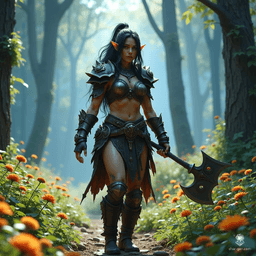 A fierce female orc with a moderate build, this wild barbarian boasts distinct olive skin that contrasts sharply with her jet-black hair. Her tusked grin reveals a fierce spirit, embodying strength and untamed wilderness in every battle she faces.