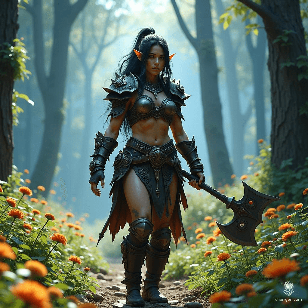 A fierce female orc with a moderate build, this wild barbarian boasts distinct olive skin that contrasts sharply with her jet-black hair. Her tusked grin reveals a fierce spirit, embodying strength and untamed wilderness in every battle she faces.