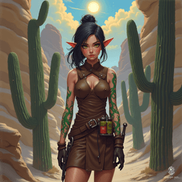 Izzy, a newly emancipated halfling assassin, is a perky yet lethal crossbow specialist. With snake-like yellow-green eyes and green scale tattoos, she embodies danger. Dressed in a tight brown tunic, she lurks in shadows, exuding competence and malice as she waits for her next target.