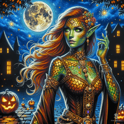 Xanelor, a 24-year-old half-elf sorcerer and folk hero, radiates an enchanting aura. Standing 5'9" with a medium build, her bronze skin adorned with shimmering gold scales, she captivates with striking green reptilian eyes and luscious auburn hair. Agile and resilient, her charm complements her formidable magic.