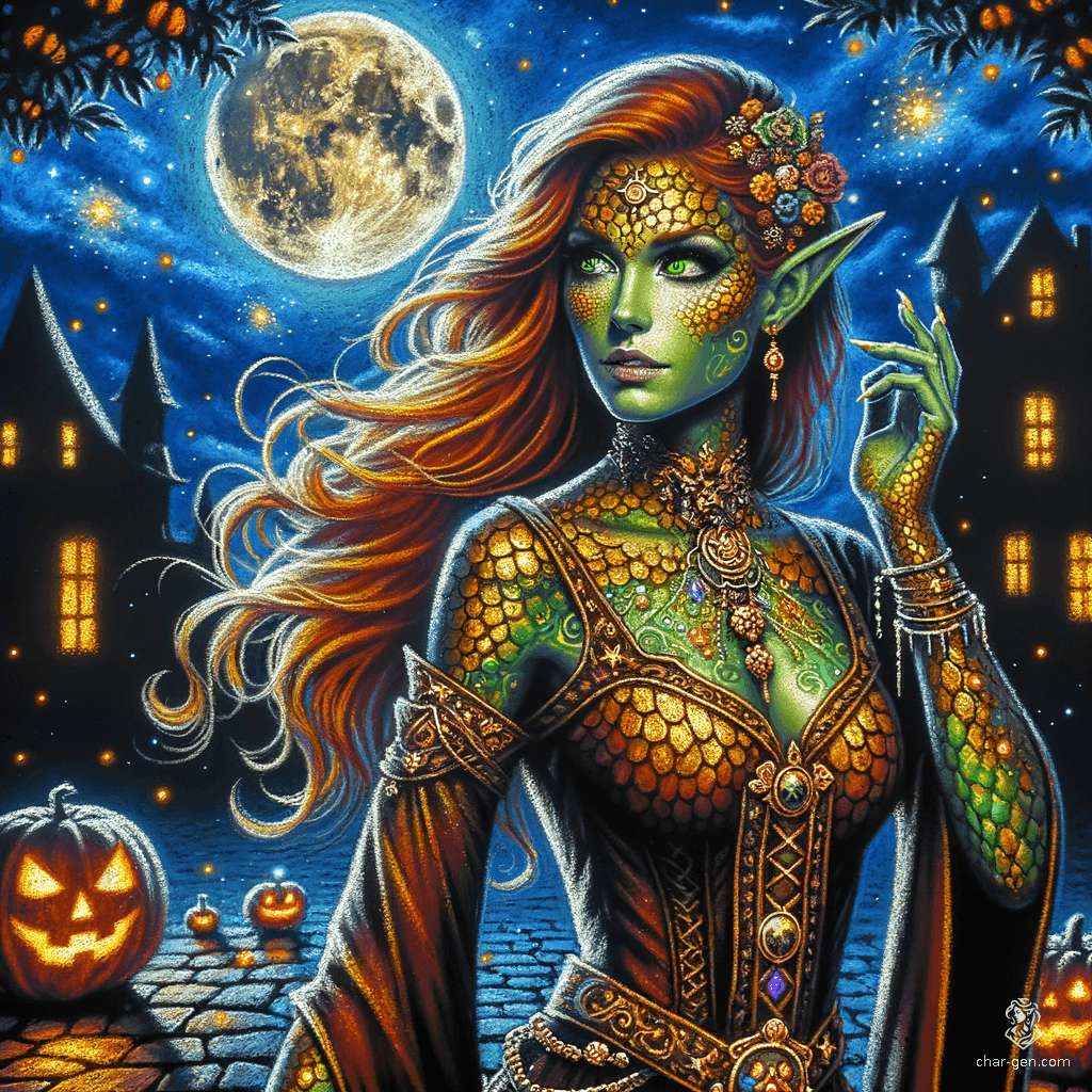 Xanelor, a 24-year-old half-elf sorcerer and folk hero, radiates an enchanting aura. Standing 5'9" with a medium build, her bronze skin adorned with shimmering gold scales, she captivates with striking green reptilian eyes and luscious auburn hair. Agile and resilient, her charm complements her formidable magic.
