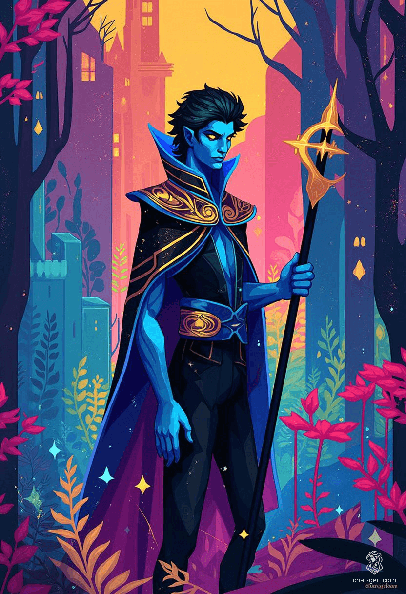 Krackle Brightbeak is a 20-year-old, blue-skinned kenku sorcerer with a raven-like head and wings. A charming and intelligent criminal, he wields an enchanted quarterstaff and wears a mesmerizing, shifting cloak that enhances his unpredictable magic, all while exuding a powerful aura of mystery.