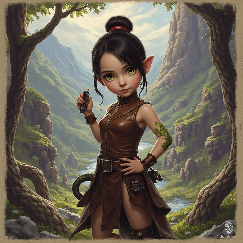 Izzy, the newly emancipated halfling assassin, is a perky yet deadly crossbow specialist. Standing at 1.5 meters, she possesses an alluring figure and snake-like yellow-green eyes. Adorned in a tight brown leather tunic, her shimmering green scales hint at her dangerous nature. With concealed daggers at the ready, she embodies stealth and cunning in her thrilling pursuit of prey.