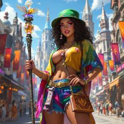 Indra Dwendalia Addams is an 18-year-old wizard adorned in vibrant, loose garments and a quirky green bucket hat. With curly black hair, pink eyeshadow, and a playful demeanor, she wields a staff topped with a cloudy crystal and carries a gilded spellbook. An iron flask and eagle-shaped whistle complete her eclectic ensemble.