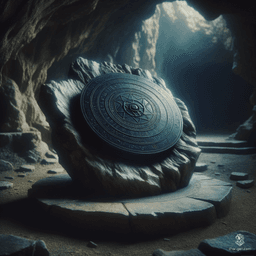 In a mystical glade, an ancient stone altar rises amidst vibrant emerald foliage, cradling a lustrous black metal disk that shimmers with arcane energy. Majestic, moss-covered trees tower overhead, their twisted branches intertwining, while a soft, ethereal mist weaves through the air, whispering secrets of forgotten magic.