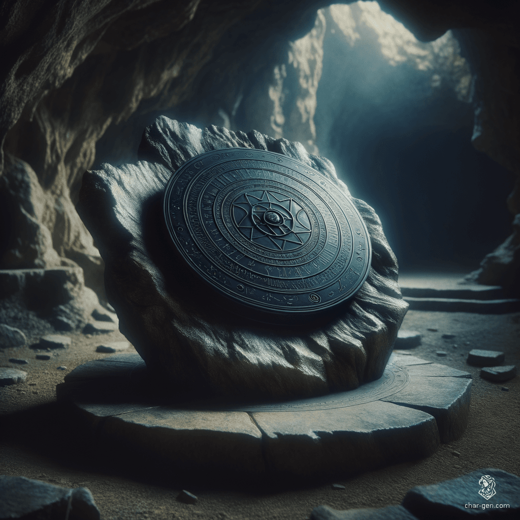 In a mystical glade, an ancient stone altar rises amidst vibrant emerald foliage, cradling a lustrous black metal disk that shimmers with arcane energy. Majestic, moss-covered trees tower overhead, their twisted branches intertwining, while a soft, ethereal mist weaves through the air, whispering secrets of forgotten magic.