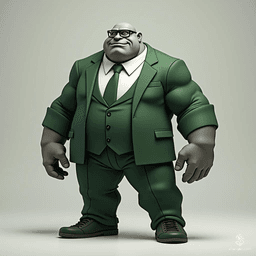 Meet Gromak, the towering Goliath at 9'3", with grey skin and a formidable presence. Adorned in a stylish green and white three-piece suit, he balances strength with an unexpected touch of sophistication, accentuated by his small rectangular glasses that lend him an air of wisdom amidst his brute power.