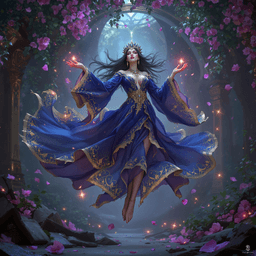 In the midst of a ravaged grand ballroom, a regal, ethereal female figure hovers, exuding a commanding presence. Draped in dark blue and violet robes trimmed with gold and trailing magical energy, her long, dark hair flows behind a silver-blue spiked crown. Her hand, adorned with gold jewelry, raises gracefully against a soft, mystical glow, embodying an otherworldly queenly essence.