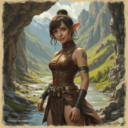Izzy, a perky halfling assassin, stands at 1.5 meters with striking yellow-green, snake-like eyes. Clad in a tight brown leather tunic, she sports shimmering patches of green scales on her bare arms. With a mean smile and a belt of poisons, she embodies stealth and danger, eagerly awaiting her prey in the shadows.