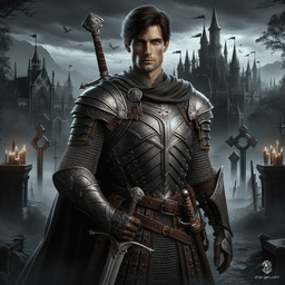 Marcus Thorne is a 25-year-old, fair-skinned, blue-eyed human Paladin of medium build standing at 6'4" tall and weighing 210 pounds. With rich espresso brown hair and a dignified aura, he wields a longsword and a detailed shield with grace. However, this once noble knight, born of humble origins near Eden and trained by Sir Galahad, is now an oathbreaker, possessed by a demon with evil in his eyes, donning chainmail.