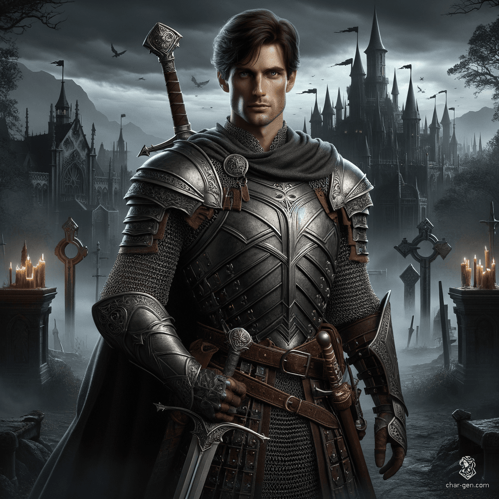 Marcus Thorne is a 25-year-old, fair-skinned, blue-eyed human Paladin of medium build standing at 6'4" tall and weighing 210 pounds. With rich espresso brown hair and a dignified aura, he wields a longsword and a detailed shield with grace. However, this once noble knight, born of humble origins near Eden and trained by Sir Galahad, is now an oathbreaker, possessed by a demon with evil in his eyes, donning chainmail.