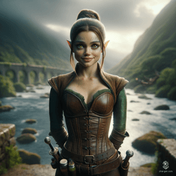 Izzy, a young halfling assassin, blends beauty with danger. With striking yellow-green eyes and shimmering green-scaled arms, she embodies stealth and cunning. Clad in a fitted leather breastplate, she wields crossbows and poisons, ready to strike from the shadows with a malicious smile.