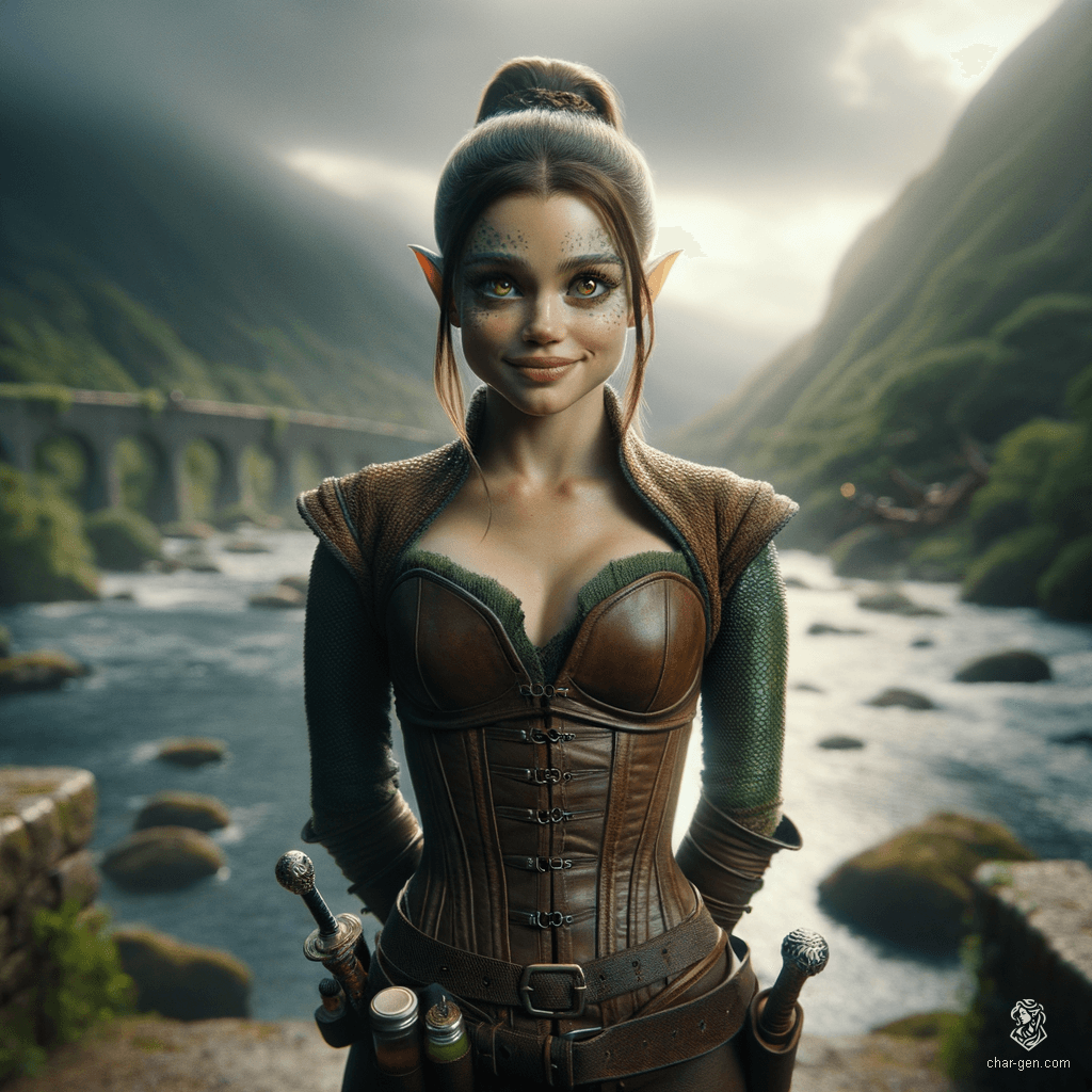 Izzy, a young halfling assassin, blends beauty with danger. With striking yellow-green eyes and shimmering green-scaled arms, she embodies stealth and cunning. Clad in a fitted leather breastplate, she wields crossbows and poisons, ready to strike from the shadows with a malicious smile.