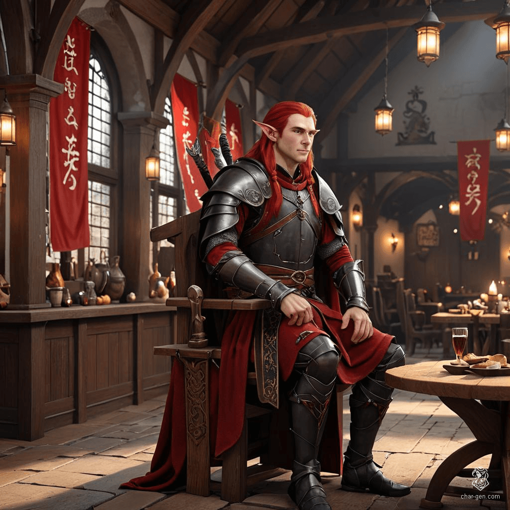 A half-elf male fighter with a confident pose, fair skin, and thick, cherry-red hair cascading past his shoulders. He wears a black samurai kimono adorned with a silver tiger and a red Oni kabuki mask with horns. Armed with a black katana, he embodies strength and mystery.