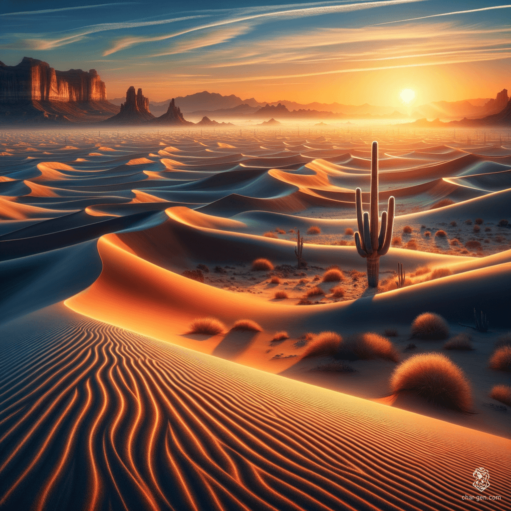 A breathtaking desert at dawn, with sun rays illuminating golden sand dunes in intricate patterns. A solitary saguaro cactus stands in the foreground, while distant rock formations rise against a flawless azure sky. Every detail—from sand grains to cactus spines—is rendered with mesmerizing precision, evoking nature’s grandeur in serene solitude.
