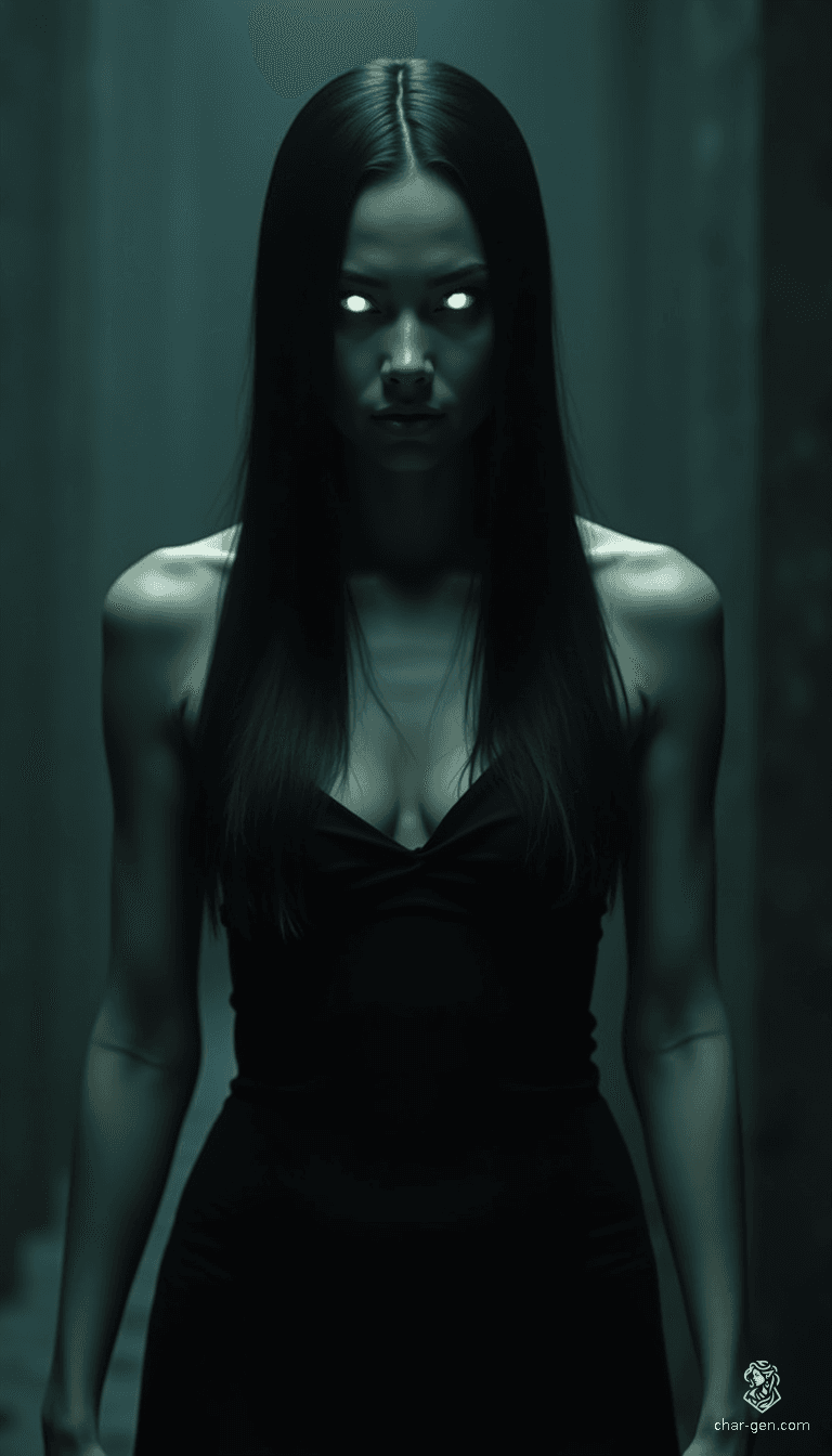 Zorya is a mesmerizing, alien entity with long, dark hair and hypnotic eyes that shine like beacons. Her slender form boasts predatory features, including sharp teeth and backward-bent legs, granting her an unsettling grace. Every movement whispers of ancient power, evoking both allure and dread.