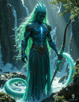 Kaelen, a striking male triton ranger, stands at a forest cliff, embodying the union of land and sea. His deep sea-blue skin glimmers in the light, framed by windblown kelp-green hair. Equipped with a driftwood bow and a dagger, he deftly navigates both ocean depths and forest shadows.