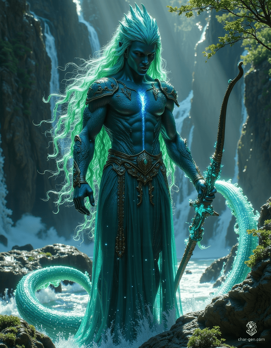 Kaelen, a striking male triton ranger, stands at a forest cliff, embodying the union of land and sea. His deep sea-blue skin glimmers in the light, framed by windblown kelp-green hair. Equipped with a driftwood bow and a dagger, he deftly navigates both ocean depths and forest shadows.