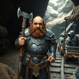 Garrak, an 85-year-old stout dwarf warrior, stands confidently in intricately detailed knightly plate armor. A battleaxe gripped firmly in his hand, he boasts a medium build, deep brown eyes, and light brown skin. Highly intelligent and a champion sword-fighter, he fiercely defends his nation and those who cannot fight for themselves.