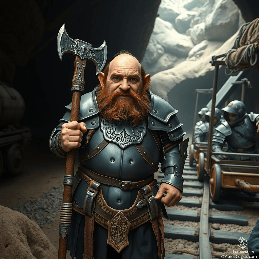 Garrak, an 85-year-old stout dwarf warrior, stands confidently in intricately detailed knightly plate armor. A battleaxe gripped firmly in his hand, he boasts a medium build, deep brown eyes, and light brown skin. Highly intelligent and a champion sword-fighter, he fiercely defends his nation and those who cannot fight for themselves.