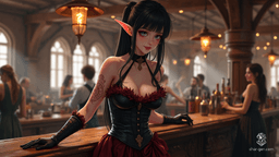 A tall, slender half-elf with jet-black hair in a sleek braid, piercing green eyes, and an alluring presence captivates bar patrons. Wearing a dark leather corset and flowing burgundy gown, she skillfully serves drinks, her faintly glowing magical glyphs hinting at arcane secrets beneath her inviting smile.